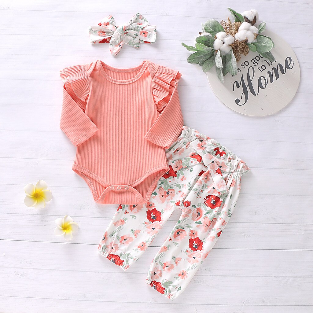 otoño invierno Bebé niñas volantes sólido mameluco mono + Pantalones florales + diadema trajes vestidos 30: Pink / 12 meses