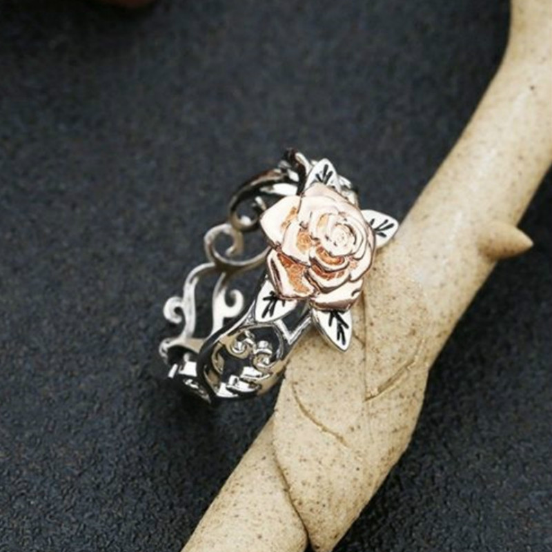 Rose Gold Plated Flower Ring European and Beautiful Women Retro Silver Plated Color Separation Ring Hand Jewelry