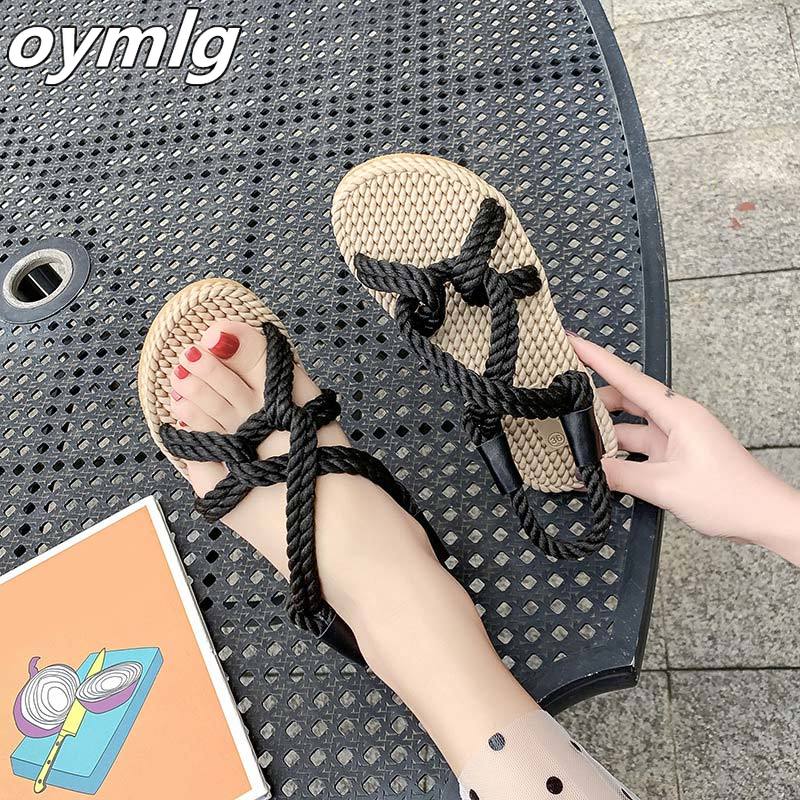 Dam sandaler hampa rep lägenheter kvinnliga slip on beach skor andas bekväm kors slips damsko