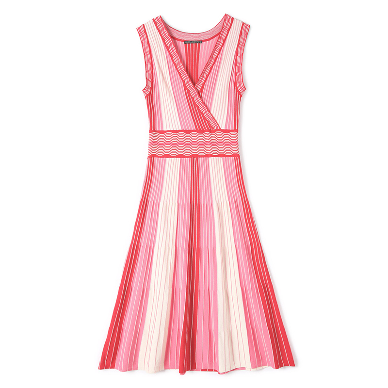 PERHAPS U red pink strip knitted lurex sleeveless tank ruched deep v neck midi dress pleat sexy summer D0540