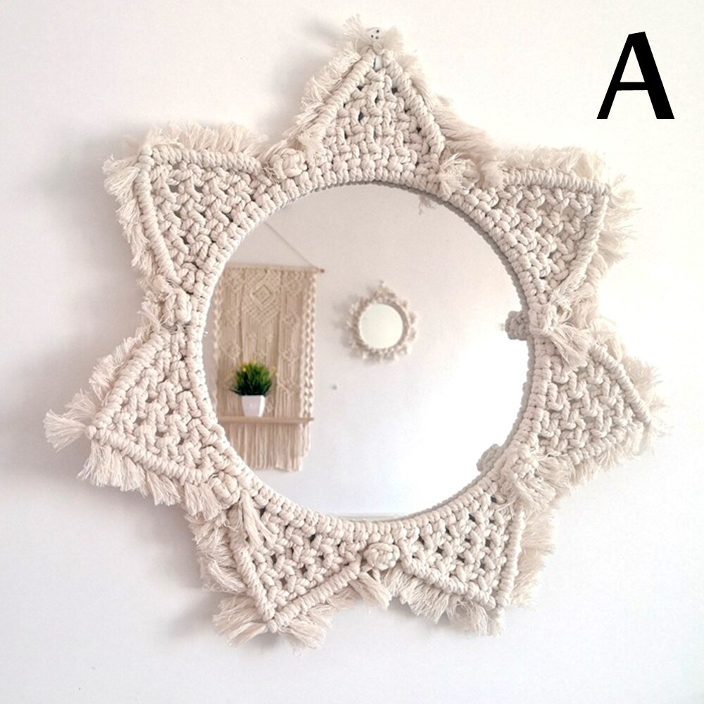 Macrame espelho artesanal tapeçaria maquiagem espelho charme iluminado compacto casa quarto decorativo parede pendurado espelhos decoração da sua casa: A
