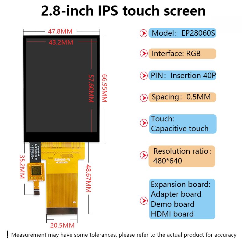 Mini solution d'affichage HDMI à écran divisé de 2,8 pouces, prenant en charge l'interface IPS RVB à vue complète 480 * 640 tactile capacitif universel