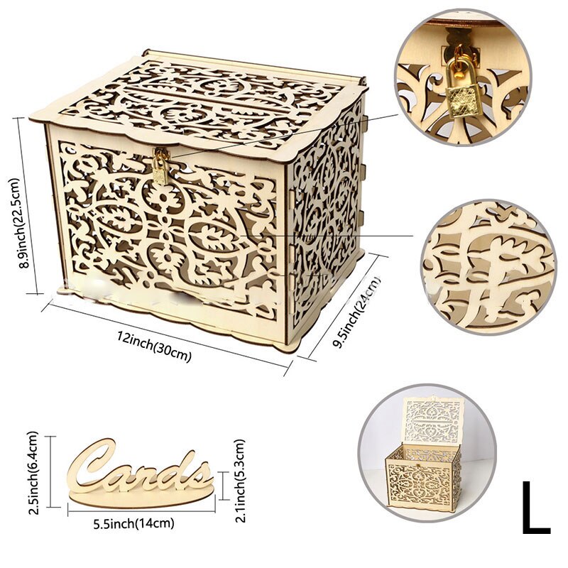 1PC Wedding Card Boxes Wooden Box Wedding Supplies DIY Couple Flower Pattern Grid Business Card Wooden Box S/L: L