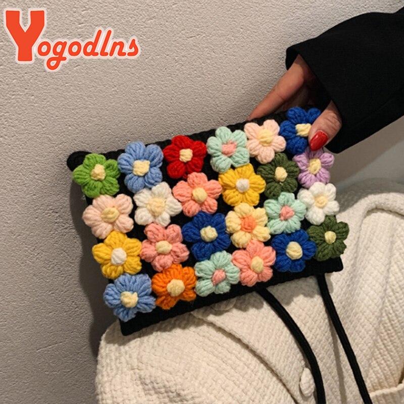 Yogodlns Mode Bloem Flap Bag Voor Vrouwen Geweven Handgemaakte Crossbody Tas Katoen Linnen Messenger Handtas Zomer Reizen Strand Tassen