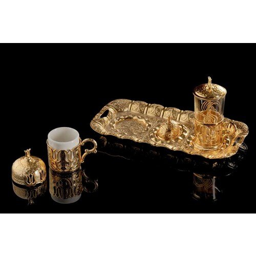 Turkish Coffee Mug Ceramic Coffee Set Espresso Mugs Gold Color 6 Pieces Metallic Turkish Arabic Russian Bosnian Serbian Albanian Coffee Set 1 Cup 1 Tray 1 Cup 1 Cup Protector 1 Sugar Bowl Ottoman Set