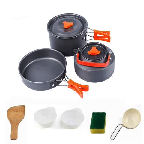 Outdoor Cookware kit Camping set Teapot Combination folding camping tableware Hiking Kettle Cookware Set: Orange