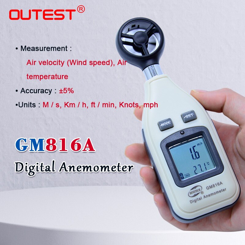 GM816A Lcd Digitale Hand-Held Wind Gauge Meter Meet Anemometer Thermometer 30 M/s (65MPH) snelheid Meetinstrument
