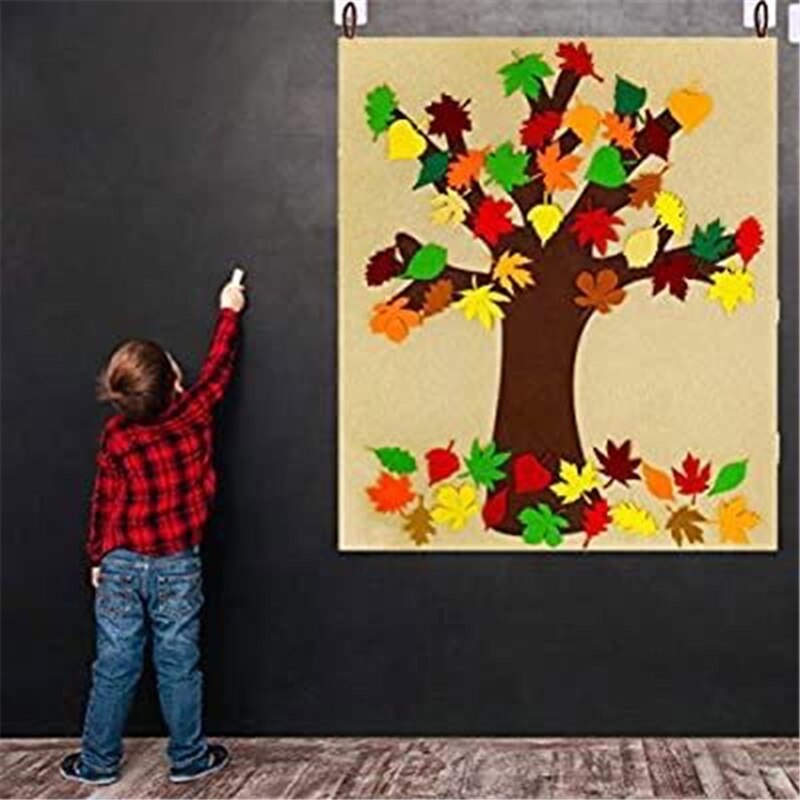 Diy Zelfklevende Vilt Fall Maple Boom Met 52Pc Afneembare Herfst Blad Ornament