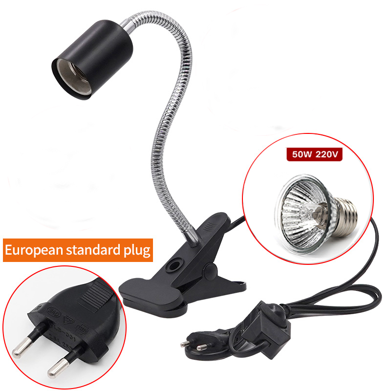 Uva/uvb E27 Pet Reptile Aquarium Heat Lamp Clip-On Bulb Adjustab Holder Tortoises Basking Uv Heating Lamp Kit for Lizard Turtle: EU holder and 50w