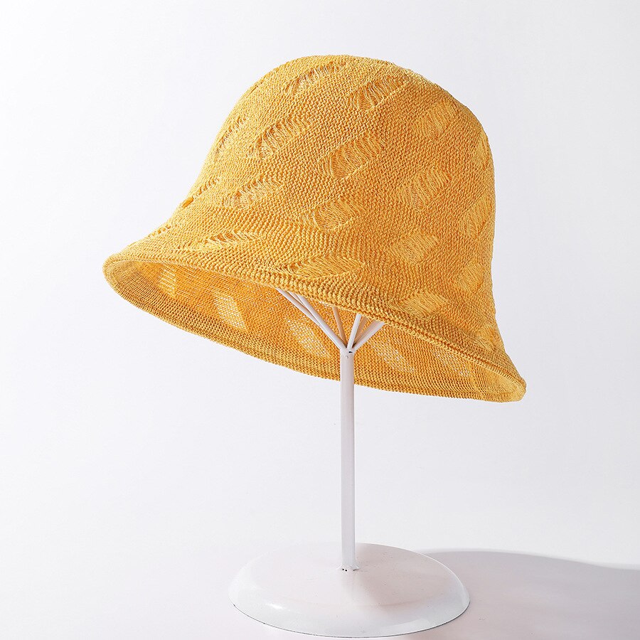 COKK Bucket Hat Summer Double Sided Knitted Hollow Leaf Breathable Fishing Hats For Women Gorros Bob Sun Hat Cap: yellow