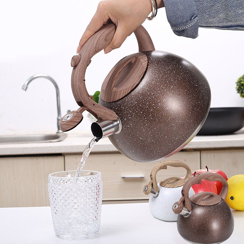 1Pc 3L Rvs Waterkoker Antieke Houten Patroon Nylon Handvat Fluitketel Keuken Vlakke Bodem Kokend Thee Waterkokers