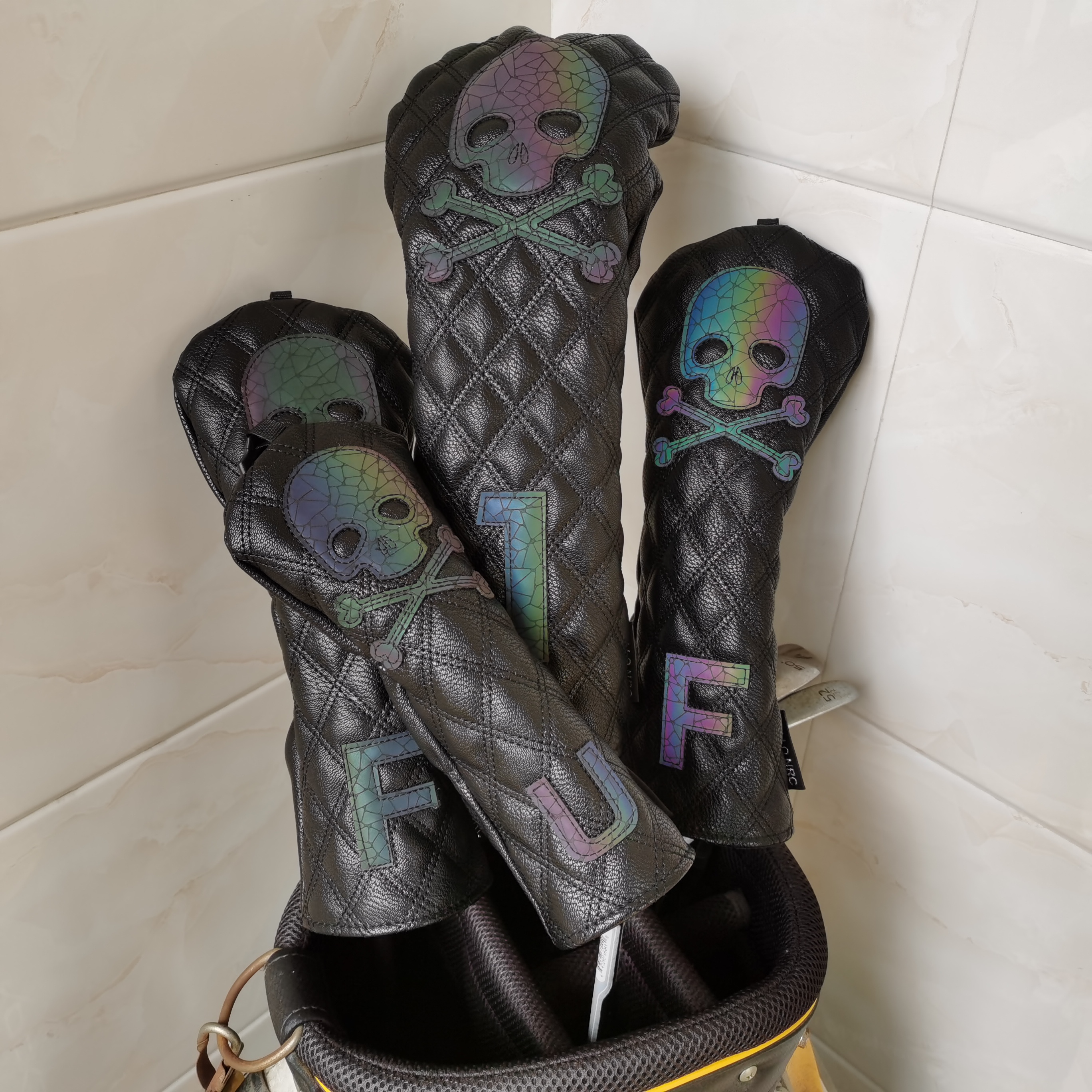 PU Leather Golf Wood Headcovers SKULL For Driver Fairways Rescue Golf Club Head Covers WHITE&amp;BLACK