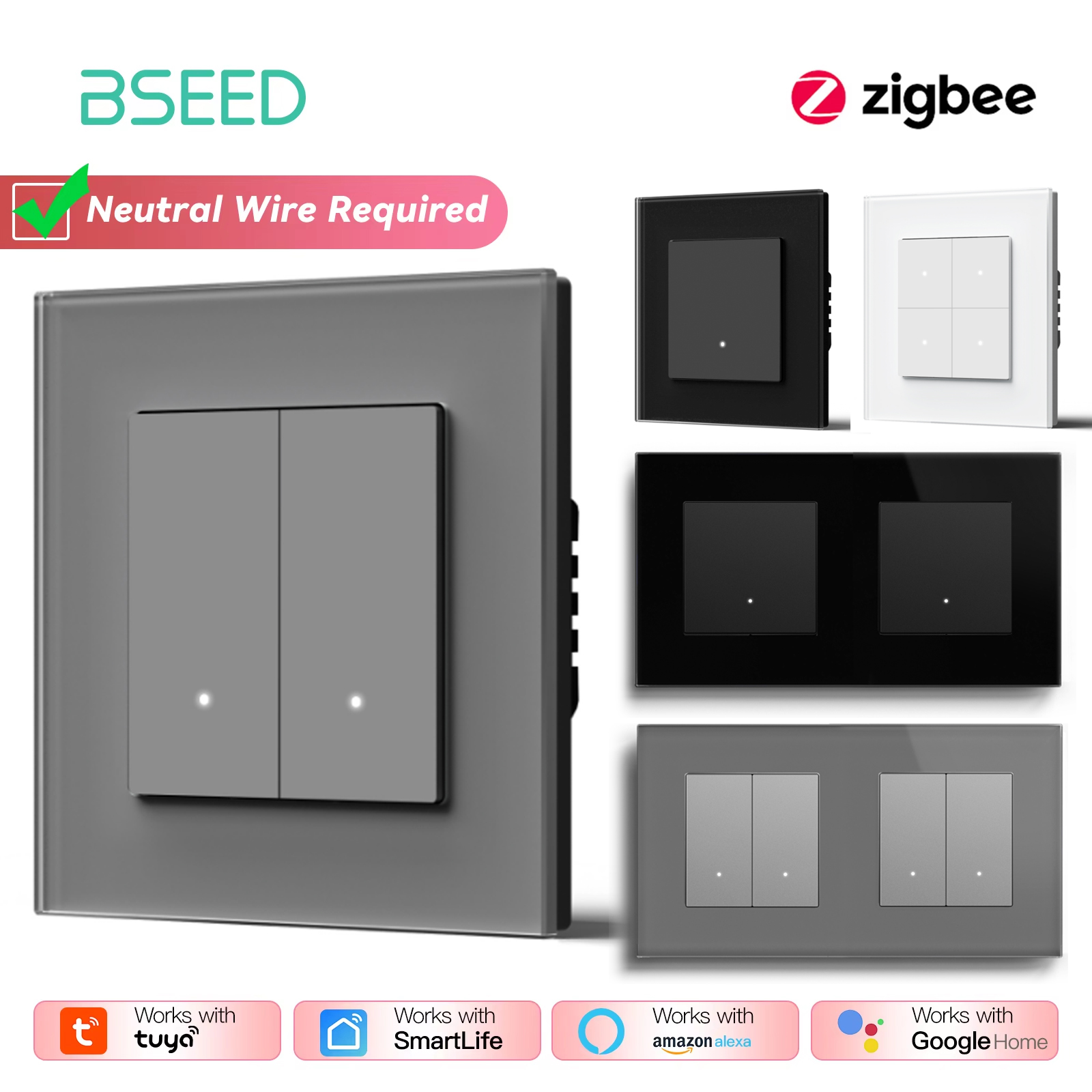 BSEED Zigbee przełączniki klikowe seria 1/2/3/4banda inteligentne przełączniki światła naścienne żółte podświetlenie szklana ramka Tuya APP UE przełączniki schodowe
