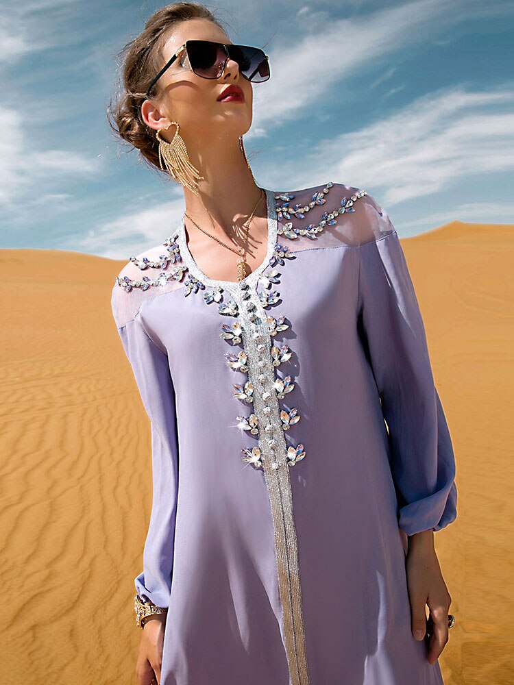 Handsewn Rhinestone Arabian Party Long Dress Moroccan Evening Caftan Dubai Saudi Gulf Muslim Gown Wedding Ramadan Abaya Kaftan