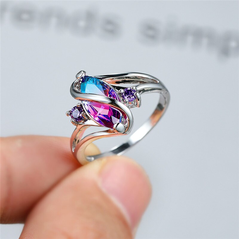 Charme kvindelig blå krystal sten ring vintage sølv farve vielsesringe til kvinder lover zirkon blad forlovelsesring