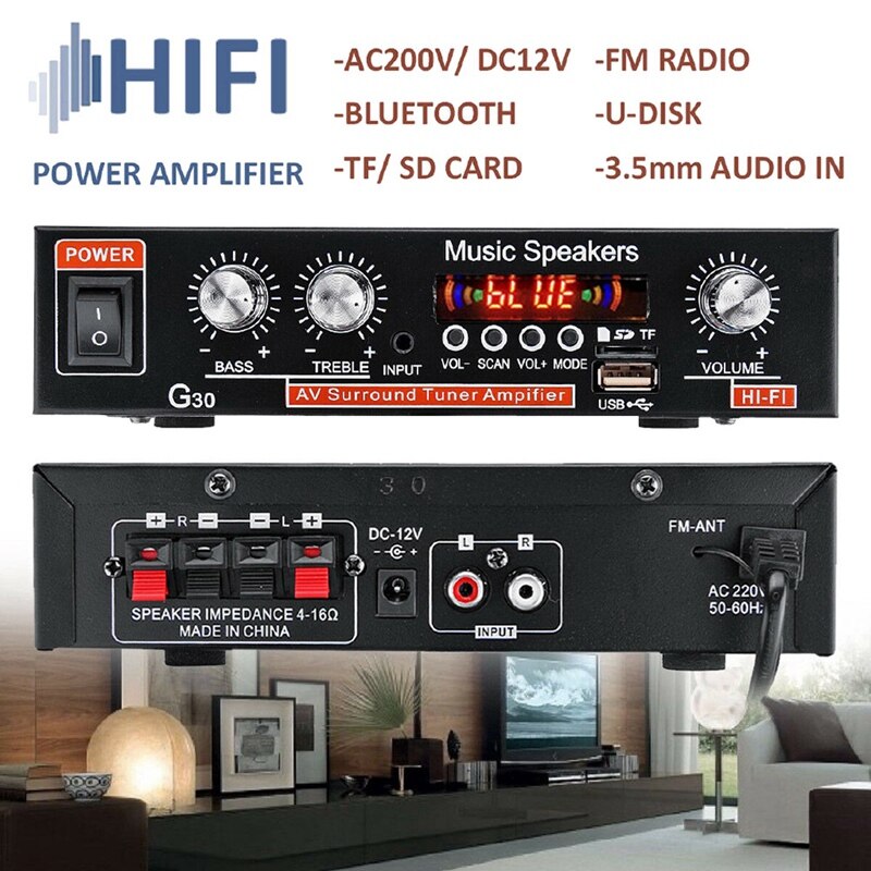 Bluetooth 800W Mini Power Audio Amplifier Hi-Fi Bass AMP MP3 FM USB SD Car Home(EU Plug)