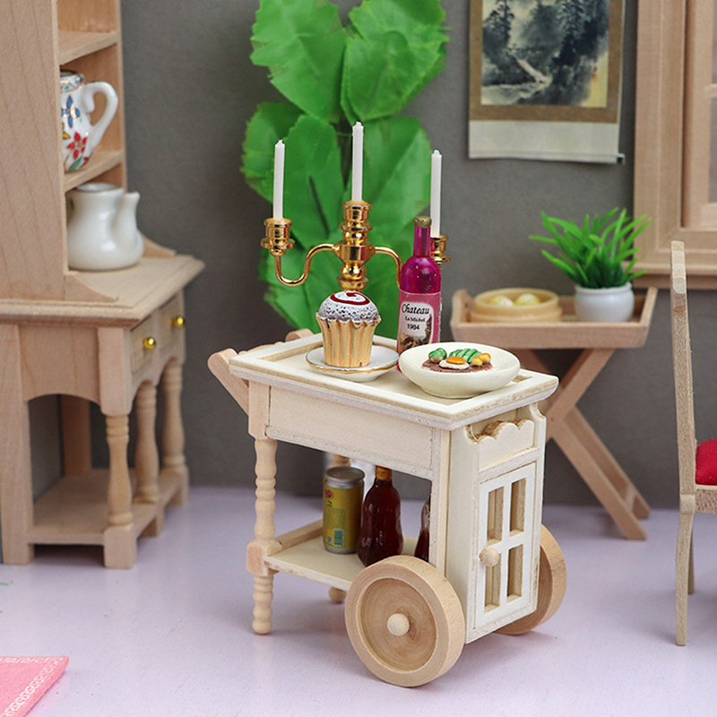 1:12 Dollhouse Miniatuur Restaurant Keuken Trolley Dining Winkelwagen Twee Lagen Houten Meubels Pop Decor Speelgoed