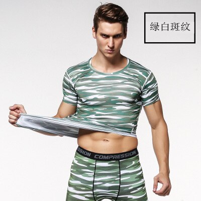 Zebra Compression Skin Tight Shirts Men MMA Rashguard Keep Fit Fitness Short Sleeves Base Layer Weightlifting Elastic Tshirt: green white / S