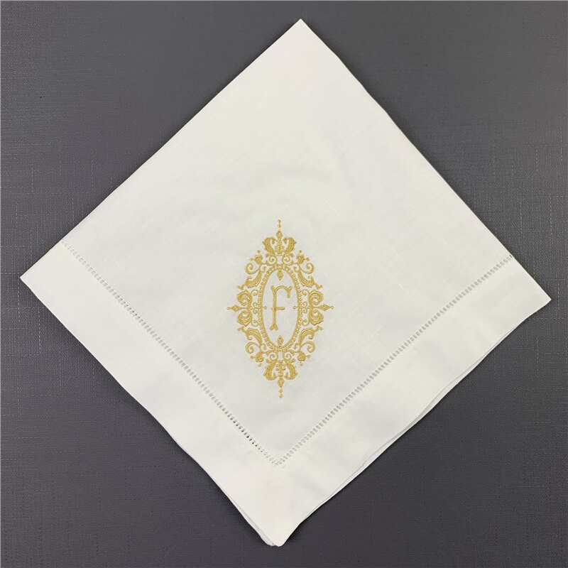Set  of 12 utmärkta monogramservetter vitt hemstitch linneservetter 20 x 20 "stege broderad initial teservett: Guld bokstaven f