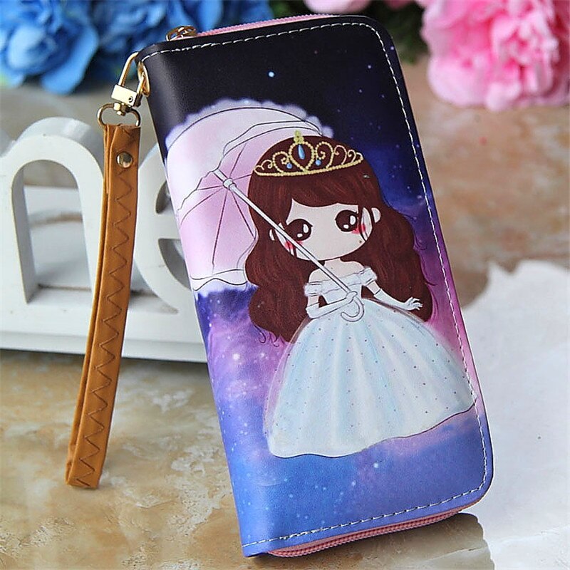 Lovely Women Girl Long Cartoon Raffiti Wallet Bag with Strap Card Holder Coin Purse Change Wallet Zip PU Leather Letter Handbags: 10