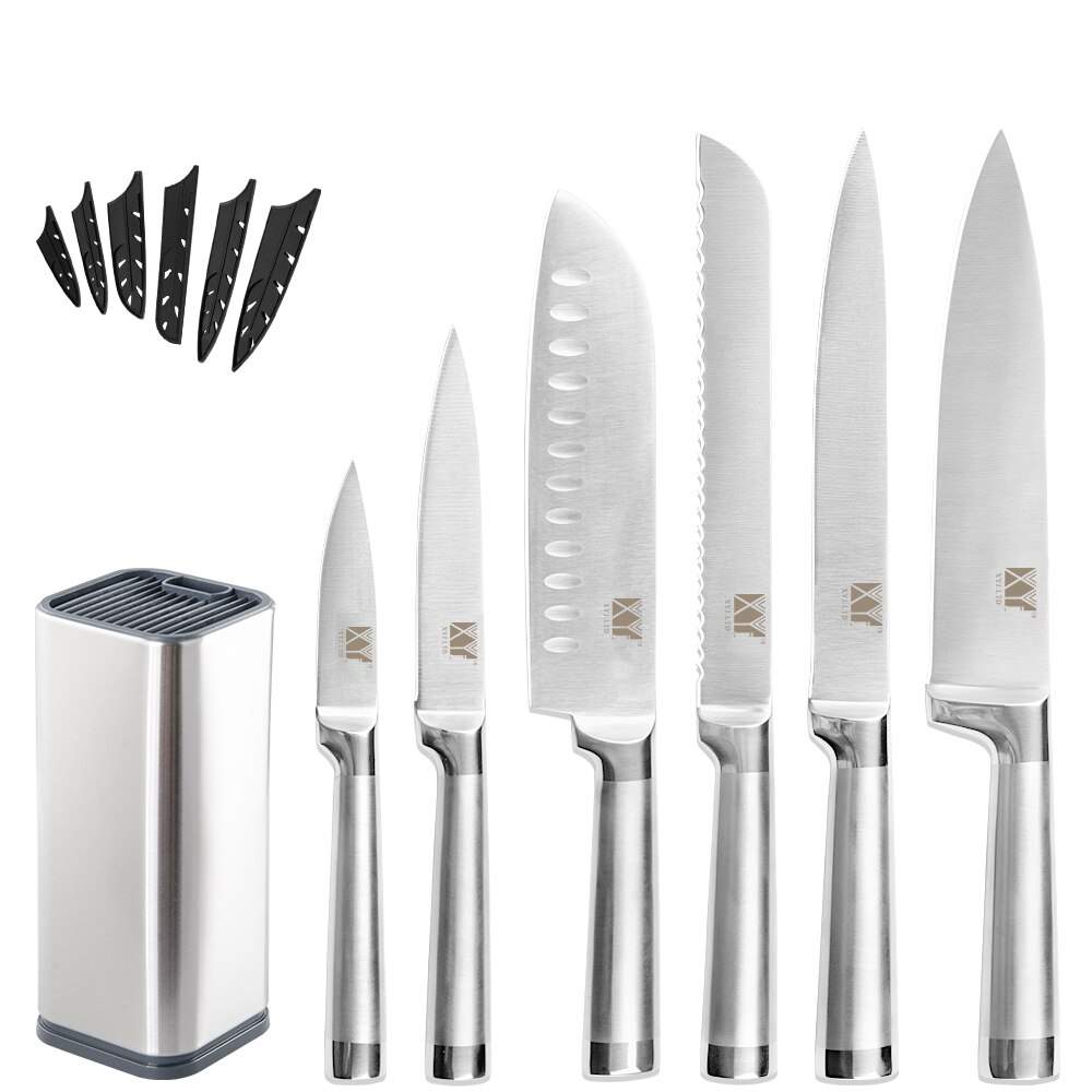 XYj Chef Knife 9pcs Set Stainless Steel Kitchen Knife Sharp Blade Slicing Meat Cleaver With Knives Holder Sharpener: C