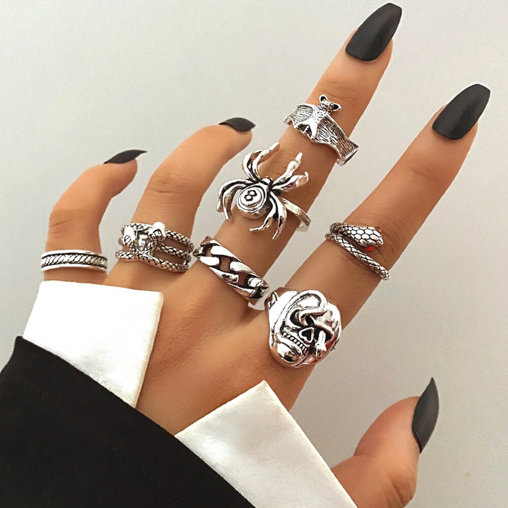 FNIO Retro Spider Snake Skeleton Ring Japanese Style Men&#39;s Halloween Ring Hip Hop Rock Jewelry