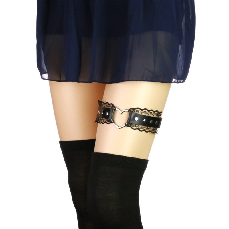 Girl Leg Chain Punk Leg Garter Belt Thigh Chains Black Body Chain Festival Rave Body Accessory with Pleated Lace Edge