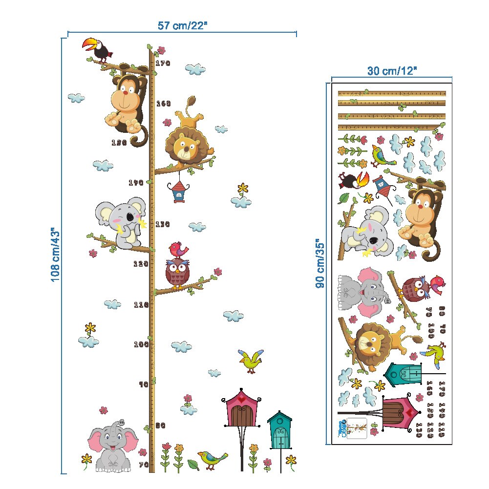 Cartoon Animals Height Measure Wall Sticker for Kids Rooms Growth Chart Nursery Room Decor Wall Art: Black