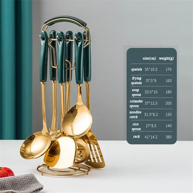 7 Stuks Roestvrijstalen Kookgerei Set Soep Pollepel Voor Gemak Keuken Accessoires Kookgereedschap Frituren Spatel Vergiet Lepel Nieuw: Donker Kaki