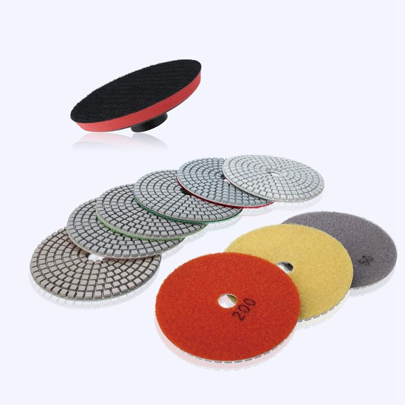 10Pcs 4 Inch Diamantslijperij Pads Set, m14 Zelfklevende Houder + 9 Stuks Droog Polijsten Pads Kit Voor Auto Auto Graniet Marmer