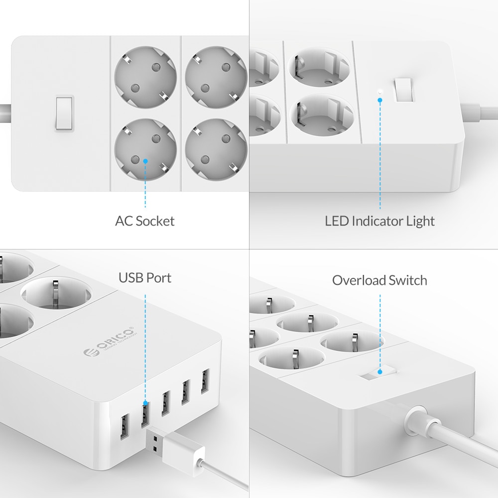 Orico Power Strip - 6 AC Outlets + 5 USB Ports - 4000W Surge Protector - 1.5m Cable - EU/US/UK Plug