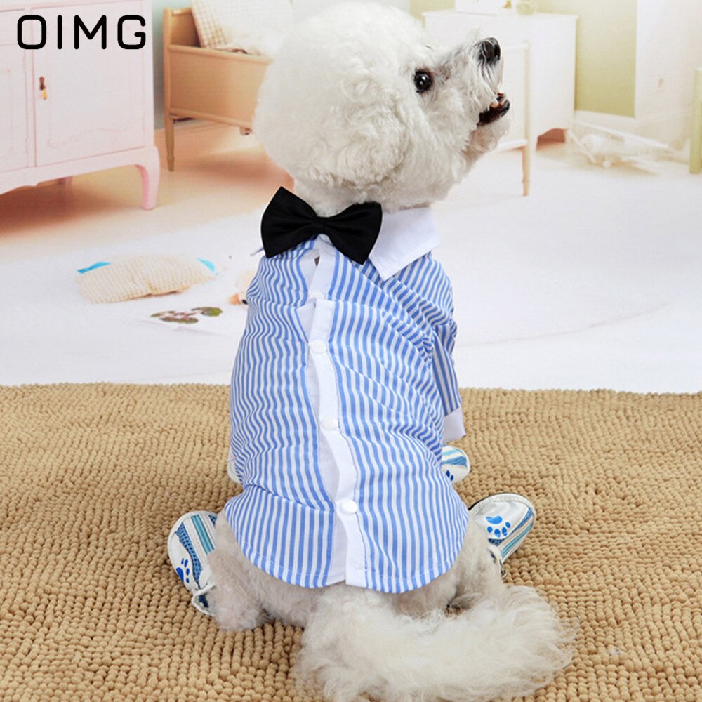 Oimg Zomer Puppy Kleding Pommeren Chihuahua Teddy Koppels Blauw Huisdier Kledingstuk Gentleman Jongen Hond Shirts Fancy Strepen Hond Jurken