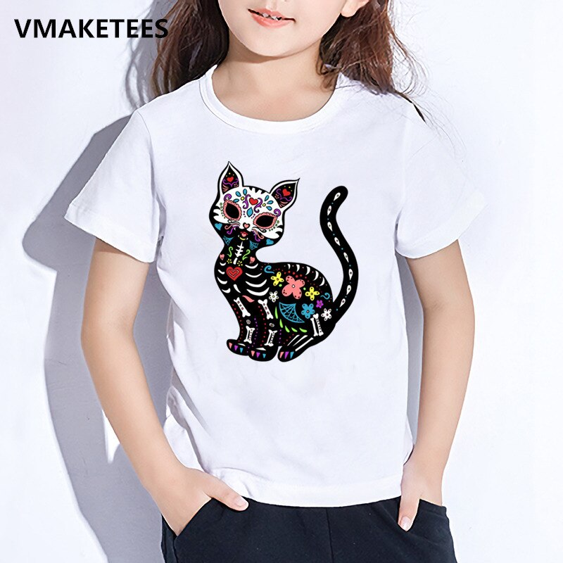 Crianças verão manga curta meninas & meninos t camisa crianças gato crânio de açúcar dos desenhos animados imprimir camiseta casual engraçado roupas de bebê: ooo2051A / 6 T