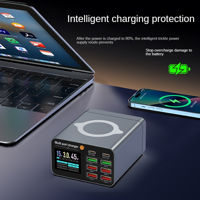 Cargador multipuerto con pantalla a color de 80 W: carga inalámbrica simultánea para teléfonos inteligentes/portátiles/tabletas
