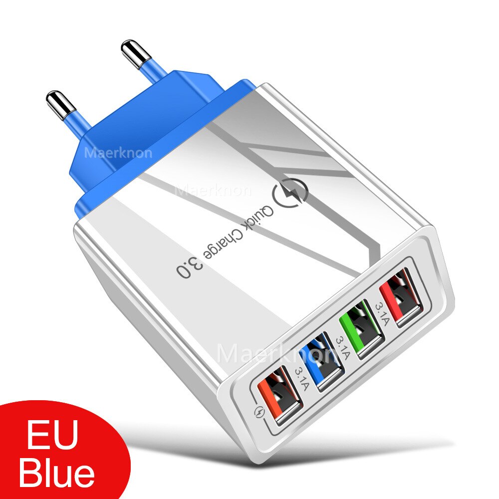 Usb Charger 4 Poorten 18W Quick Lader Snel Opladen Voor Iphone 13 12 Xiaomi Samsung S10 Huawei Draagbare Eu/Us Plug Muur Chargers: Blue EU