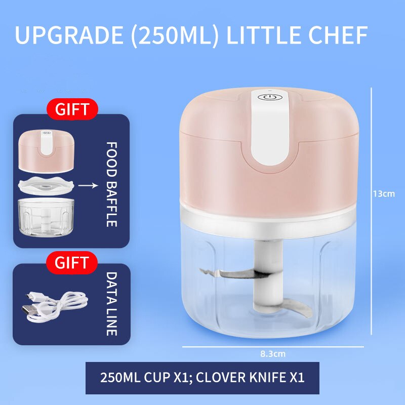 Machacador de ajo eléctrico automático, Mini picadora de prensa resistente, picadora de verduras, Chile, carne, USB, inalámbrico, herramientas de cocina: A Pink (250ml)