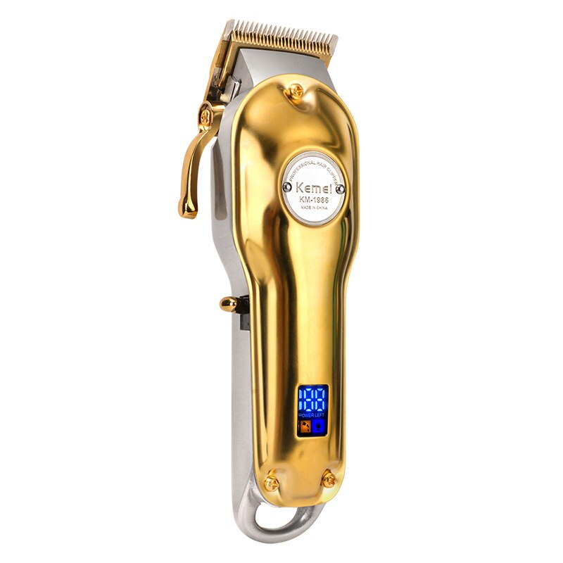 Kemei 1986 cortadora de pelo eléctrica todo Metal Clipper LCD Digital inalámbrico hombres plata oro máquina de corte de pelo Barbe: Dorado / Enchufe europeo