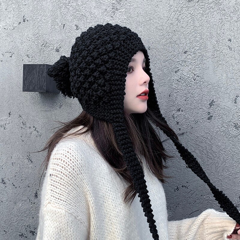 Ushanka-gorro de algodón tejido a mano para mujer, gorros gruesos y cálidos con Protector de orejas, para otoño e invierno,
