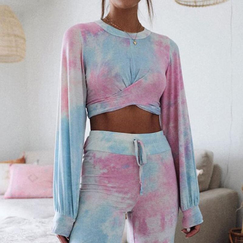 Tie-dye dames sportkleding lange mouwen kink top blote navel hoge taille broek tweedelige pakken dames herfst