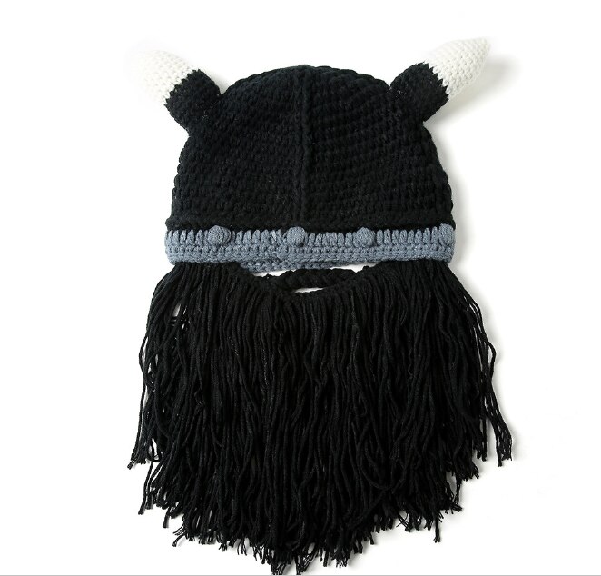 Men's Barbarian Vagabond Viking Beard Beanie Horn Hats Handmade Winter Warm Birthday Cool Funny Gag Halloween CaP