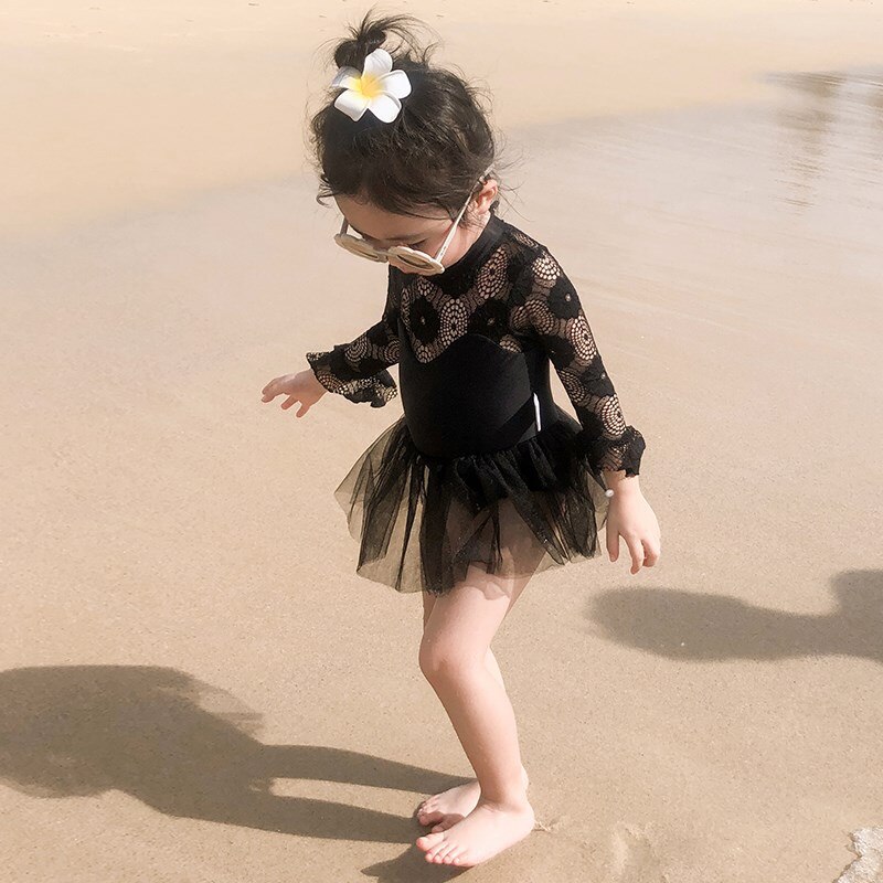Baby Mädchen Badeanzug Schwarz Spitze Lange Hülse Badeanzug Art Strand UV Schutz Mädchen Bademode Schwimmen Schwimmbad Strand Kleidung