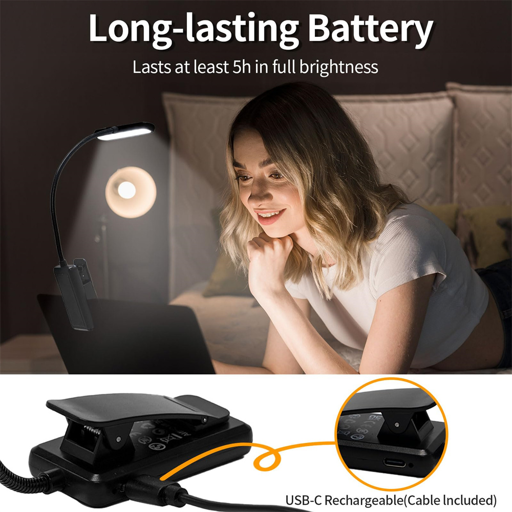 Luz de libro recargable para leer en la cama, lámparas de lectura para el cuidado de los ojos, temperatura de 3 colores, luz de lectura ligera pequeña con Clip