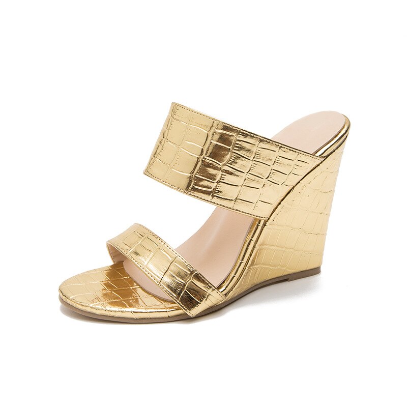 Zapatillas de charol dorado para mujer, sandalias de cuña con punta abierta, zapatos de tacón alto para , novedad de verano: 42