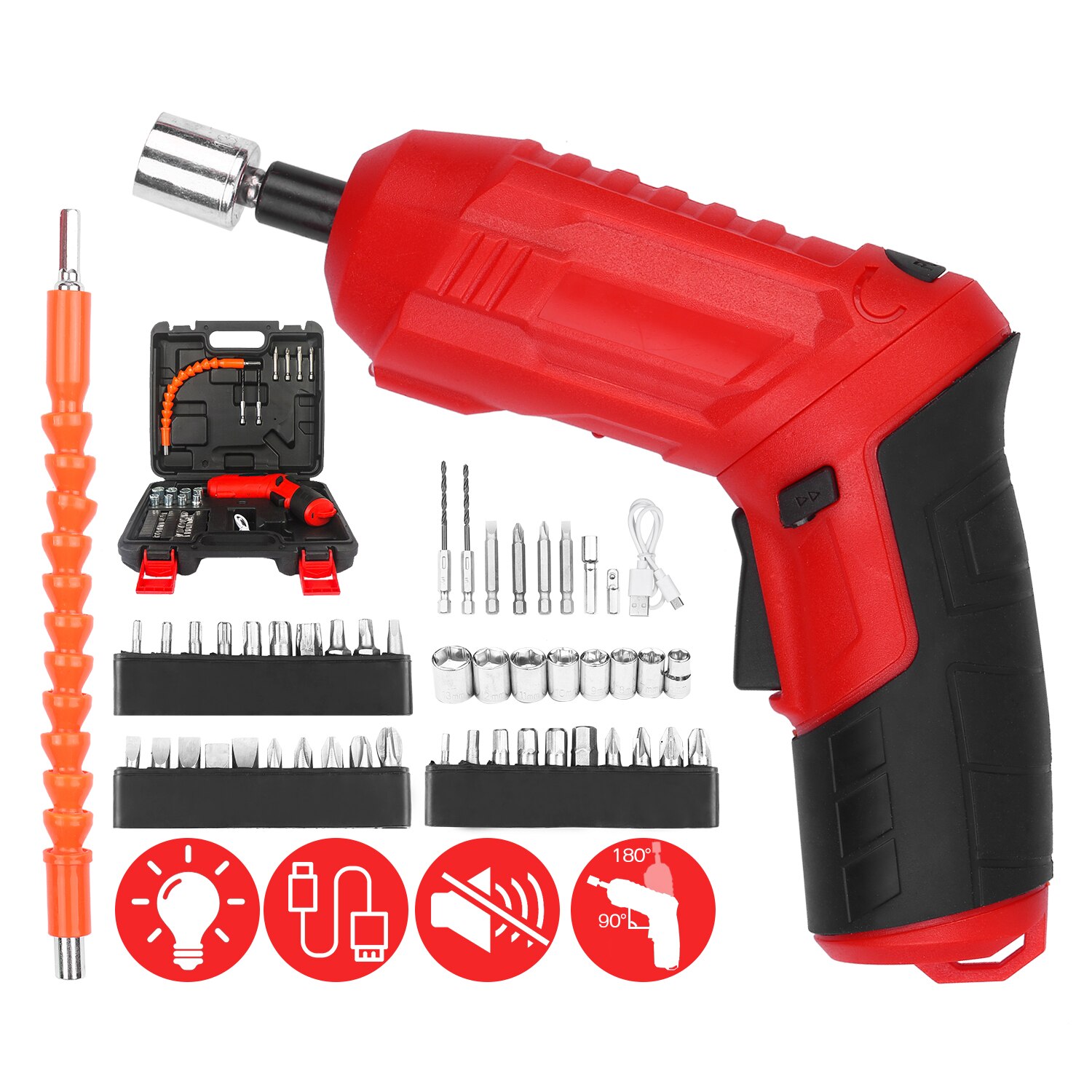 Electric Cordless Screwdriver 47Pcs 3.5Nm Screwdriver Set 3.6 V 1800mAh USB Rechargeable Wrench Front LEDs Adjustable 2 Position