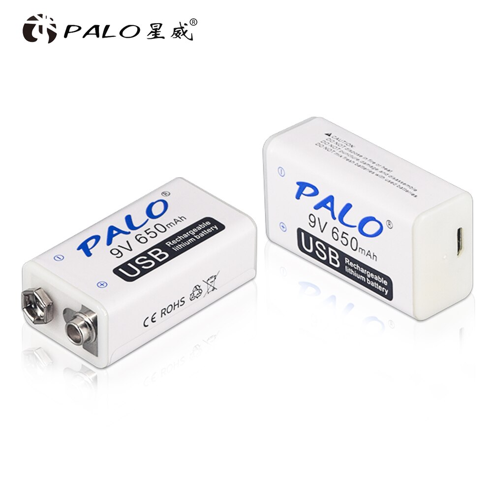 PALO micro USB 9V 6F22 Rechargeable Li-ion Battery 9 volt lithium battery 650mAh fast charging LED display batteries