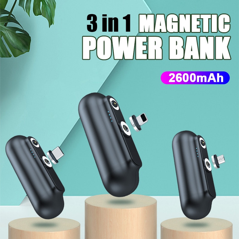 Przenośny 2600mAh mini magnetyczny Bank mocy dla iPhone mikro USB typ C telefon komórkowy zewnętrzna ładowarka Powerbank z kablem