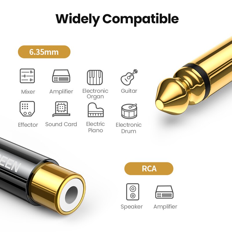 Ugrønn rca  til 6.5mm 6.35mm 1/4 adapter gullbelagt leie kobber 6.5mm hann til rca hunn til jack ts mono adapter lydkontakt