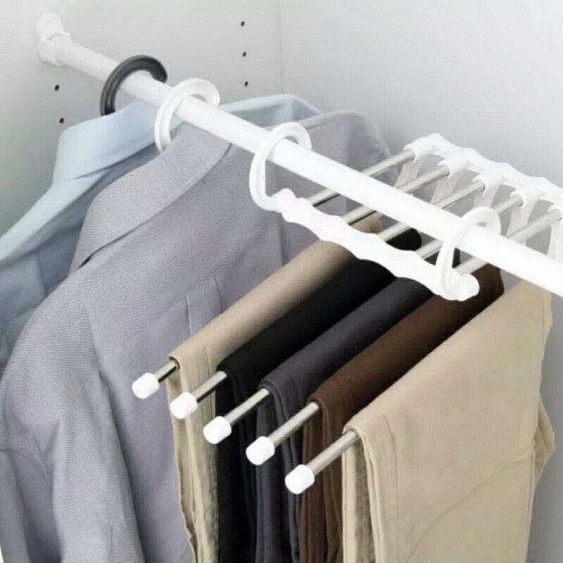 Neueste 5 in 1 Schlauch Gestell Multifunktions verwöhnen Edelstahl Multi-funktionale Garderobe Magie Hosen KleiderbüGel Heimat Lager