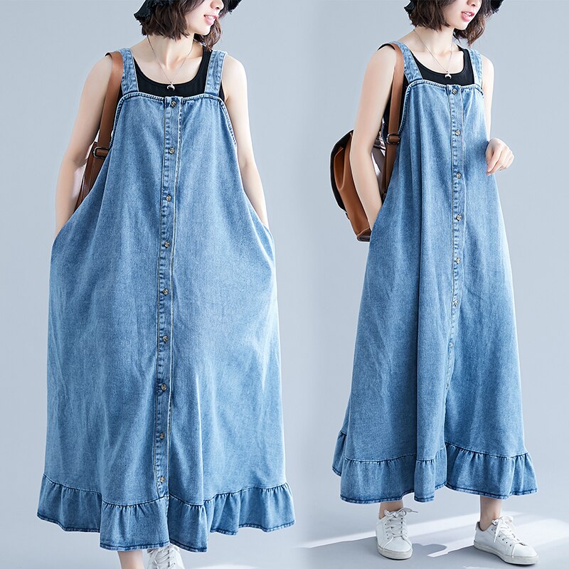 Superaen Koreaanse Lange Denim Jurken Voor Vrouwen Dames Ruches Casual Mouwloze Zomer Blauwe Lange Maxi Jurk