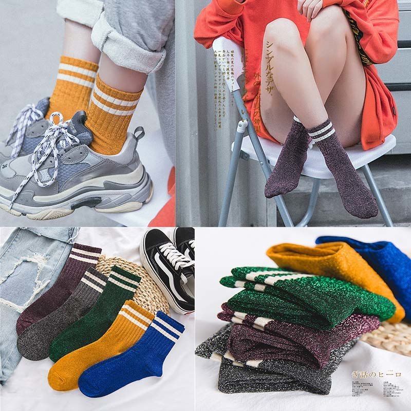 Calcetines a rayas con purpurina para mujer, para invierno, Harajuku, chicas brillantes, ropa de calle, divertidos